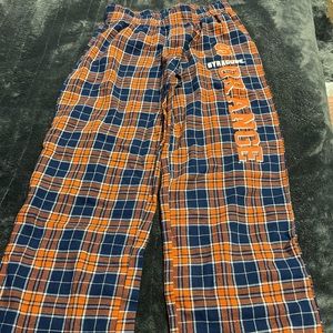 small men pj pants orange and blue plade pattern